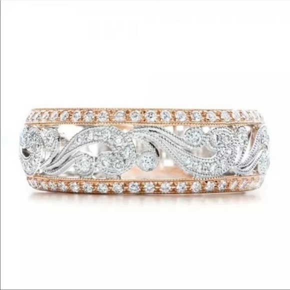 Two Tone Silver & Rose Gold Filigree Wedding Band - Picture 2 of 4